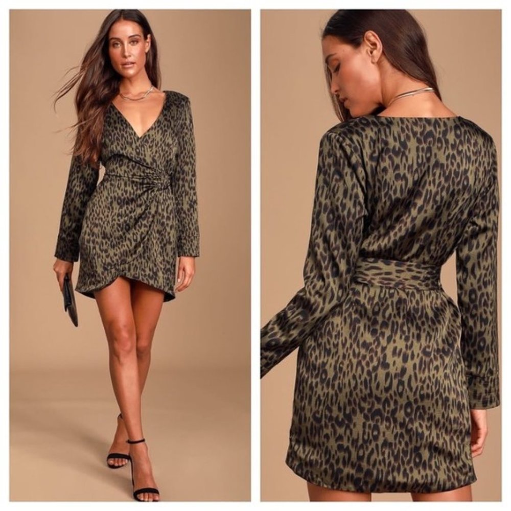 Lulu’s NWOT Dare You Olive Green V Neck Leopard Print Mini Wrap Belt Dress XS